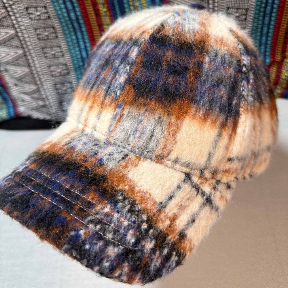 Plaid Mohair Style Baseball Cap Brown Blue Fuzzy Adjustable Hat OS
